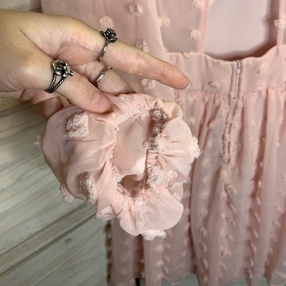 Honey and Rosie Light Pink Swiss Dot Sheer V Neck Long Sleeve Mini Sundress 3 - Picture 11 of 14